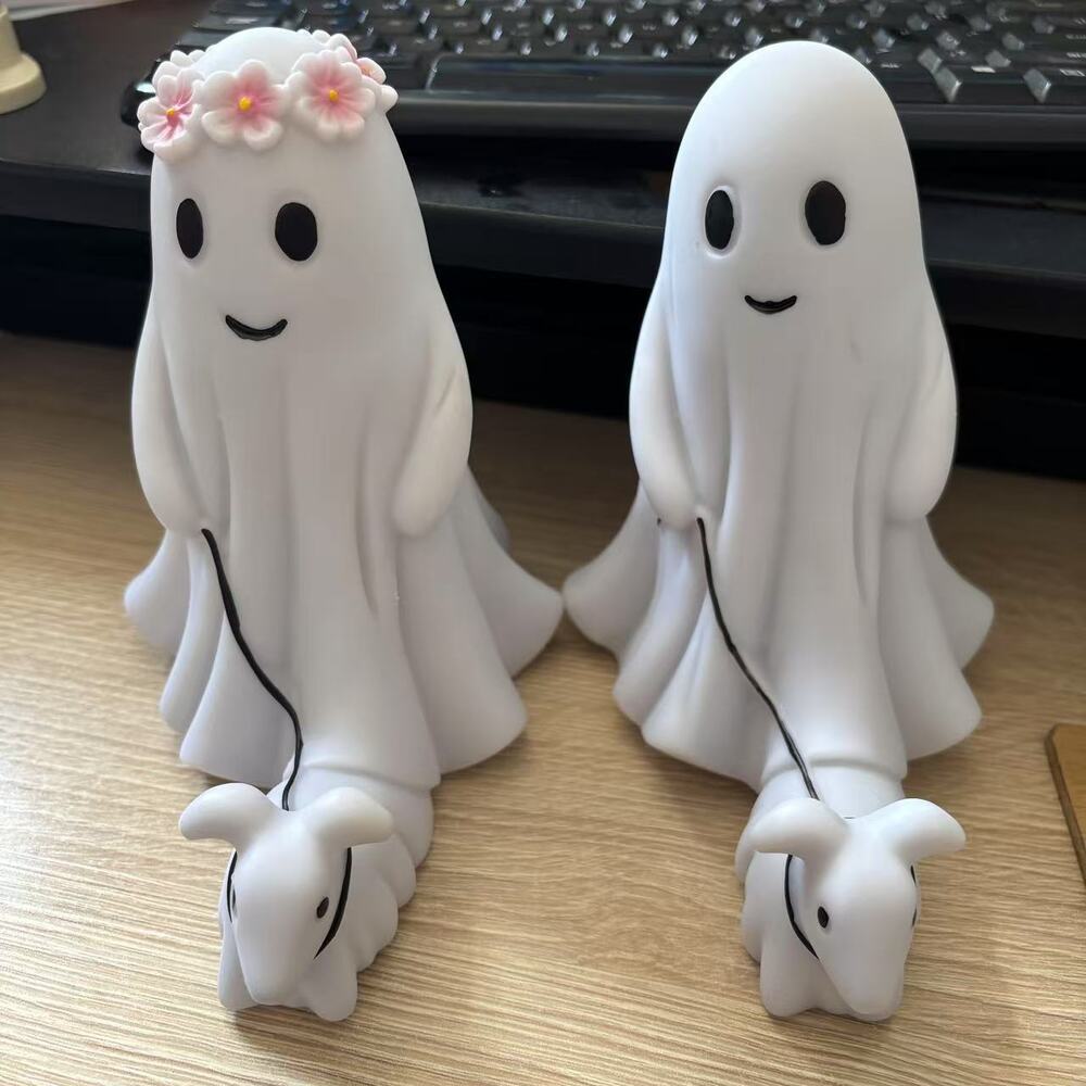 2Pcs Halloween Ghost Dog Statues Spooky Home Office Decor, Couple Gifts